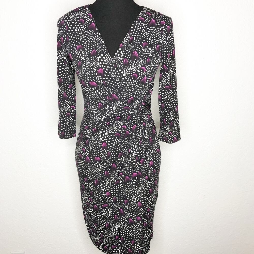 WHBM black white purple graphic faux wrap sheath dress size 2